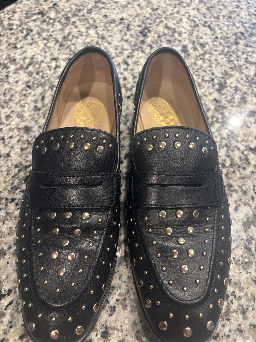 Vince Camuto Black Leather Studded Penny Loafers